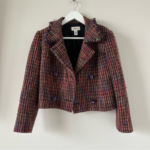 Talbots Jackets & Blazers - Talbots Tweed Jacket Rainbow Colorful Knit Blazer Fringe Funky Rodeo Witchy Pink